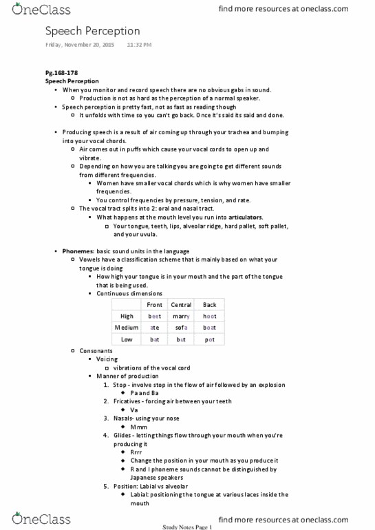 Psychology 2115A/B Chapter Notes - Chapter 13: Loose Connective Tissue, Categorical Perception, Speech Perception thumbnail