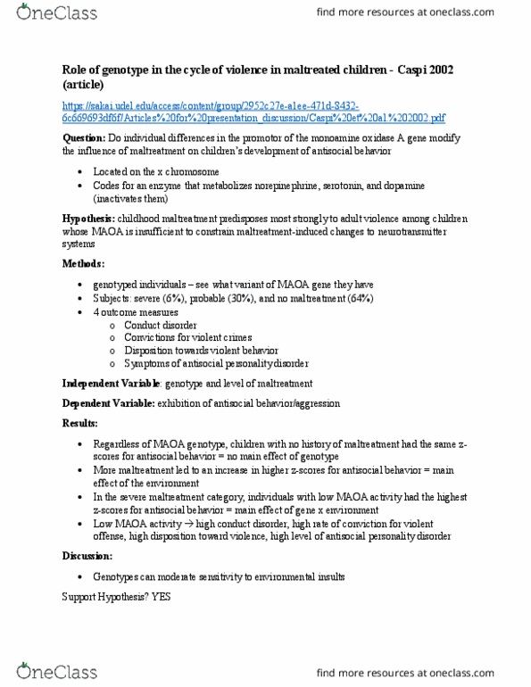 NSCI436 Lecture Notes - Lecture 2: Monoamine Oxidase A, Conduct Disorder, Chromosome thumbnail