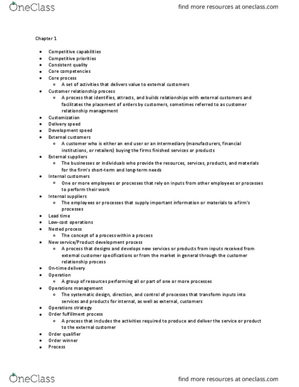 MG 211 Chapter Notes - Chapter 1: Operations Management, Customer Relationship Management, Order Fulfillment thumbnail