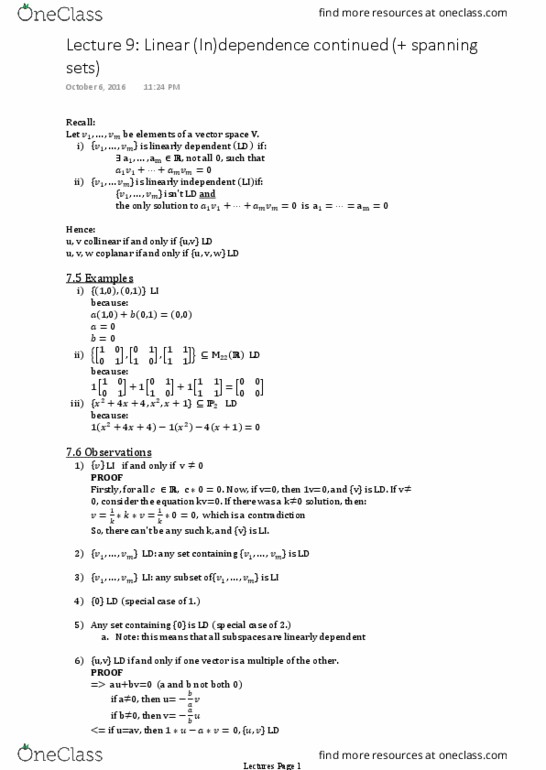 MAT 1341 Lecture Notes - Lecture 9: Unmanned Aerial Vehicle, Linear Independence thumbnail