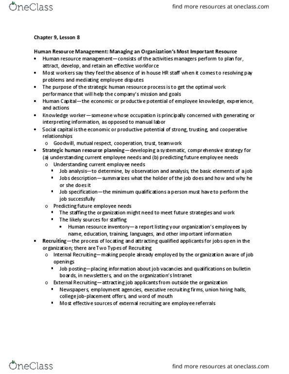 MGT 3304 Chapter Notes - Chapter 9: Human Resource Management, Job Performance, Equal Opportunity thumbnail