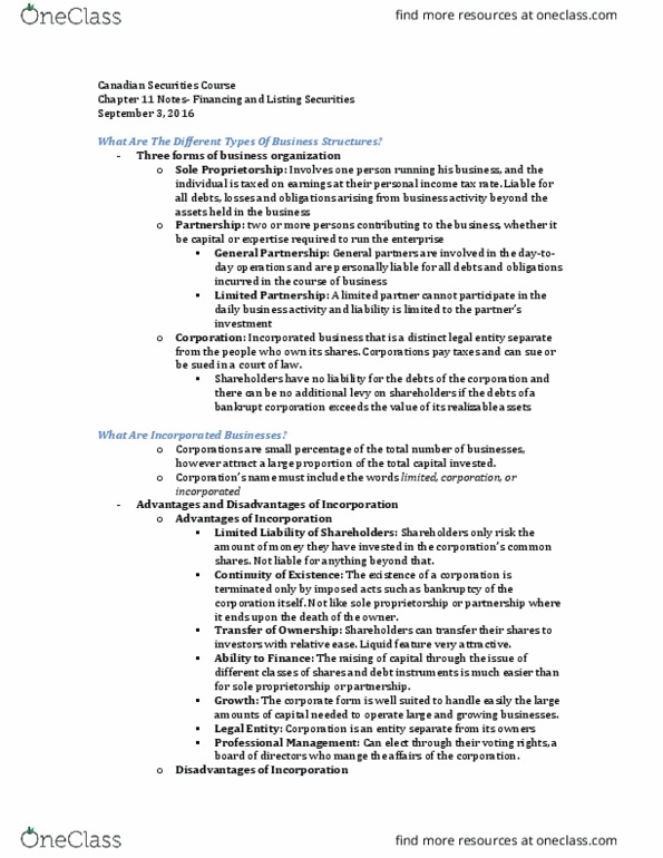 Business Administration - Financial Planning RFC125 Chapter Notes - Chapter 11: Share Capital, Market Capitalization, Private Placement thumbnail