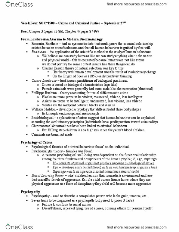 SOC 1500 Lecture Notes - Lecture 6: Cesare Lombroso, Social Learning Theory, Chromosome Abnormality thumbnail