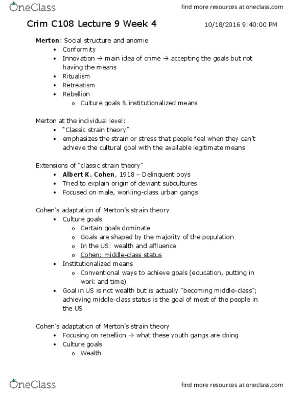 CRM/LAW C108 Lecture Notes - Lecture 9: Making Money, Anomie, Ritualism In The Church Of England thumbnail