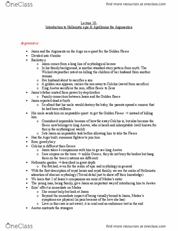 CLASSICS 1B03 Lecture Notes - Lecture 10: The Dangerous Alliance, Argonautica, Odysseus thumbnail