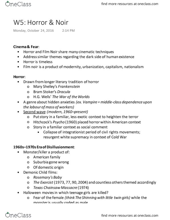 HIST 3260 Lecture Notes - Lecture 5: Motion Picture Production Code, Lowkey, Film Noir thumbnail