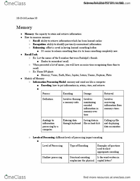 PSYCH 111 Lecture Notes - Lecture 10: Long-Term Memory, Pattern Recognition, Hard Disk Drive thumbnail