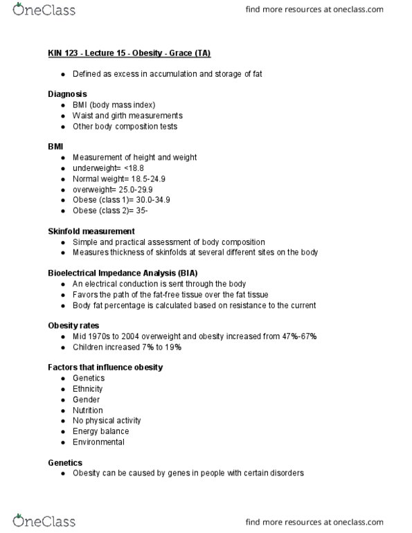 KIN 123 Lecture Notes - Lecture 15: Cardiovascular Disease, Energy Economics, Body Fat Percentage thumbnail