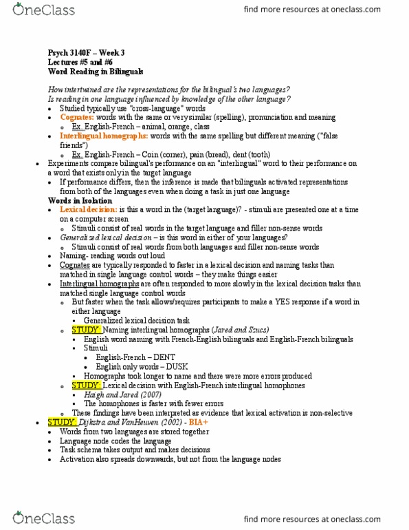 Psychology 3140F/G Lecture Notes - Lecture 5: Phonological Awareness, Homophone, False Friend thumbnail