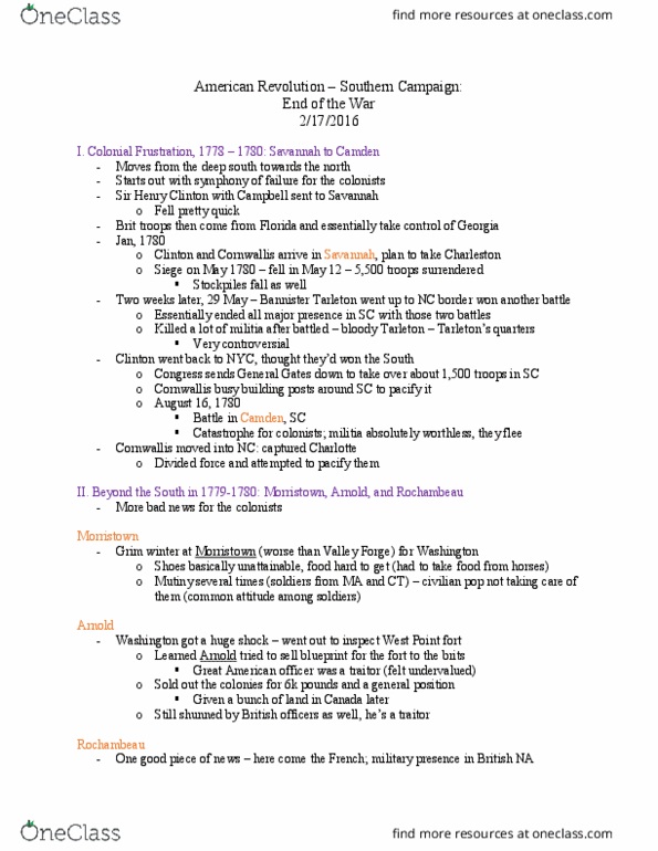 HIUS 2051 Lecture Notes - Lecture 8: Yorktown Campaign, Battle Of Eutaw Springs, General Position thumbnail