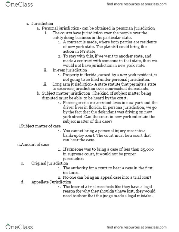 LAW 1101 Lecture Notes - Lecture 2: Minimum Contacts, Federal-Question Jurisdiction, Personal Jurisdiction thumbnail