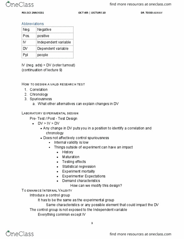 POLSCI 2NN3 Lecture Notes - Lecture 10: Dependent And Independent Variables, Internal Validity, Demand Characteristics thumbnail