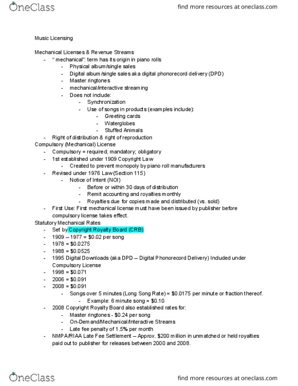 MUSIC-UA 100 Lecture Notes - Lecture 6: Phonorecord, Digital Performance, Compulsory License thumbnail