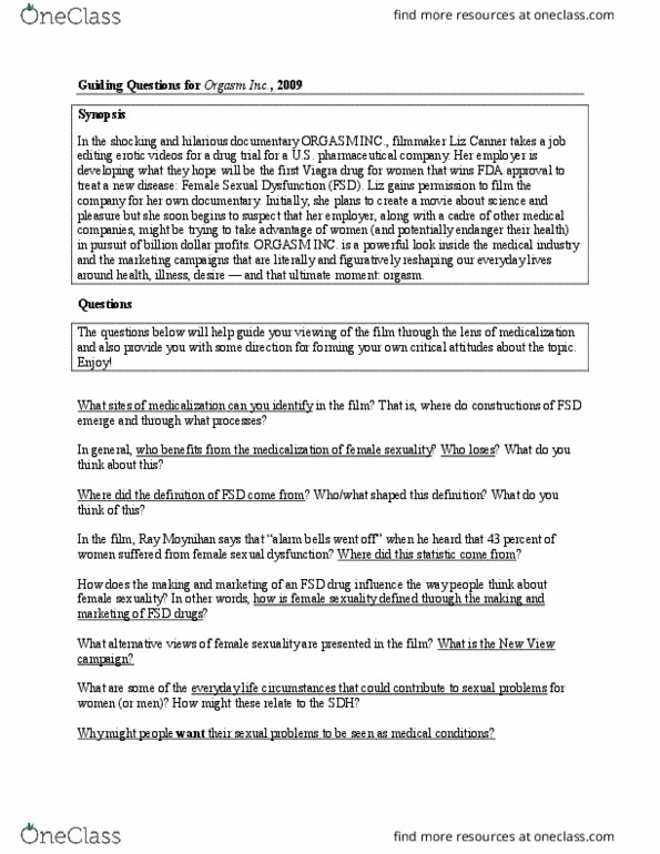 Health Sciences 1002A/B Lecture Notes - Lecture 15: Sexual Dysfunction, Endangerment, Female Sexual Arousal Disorder thumbnail