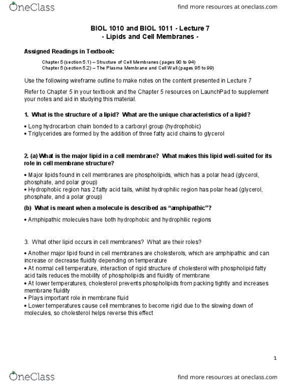 BIOL 1010U Lecture Notes - Lecture 7: Triglyceride, Glycerol, Active Transport thumbnail