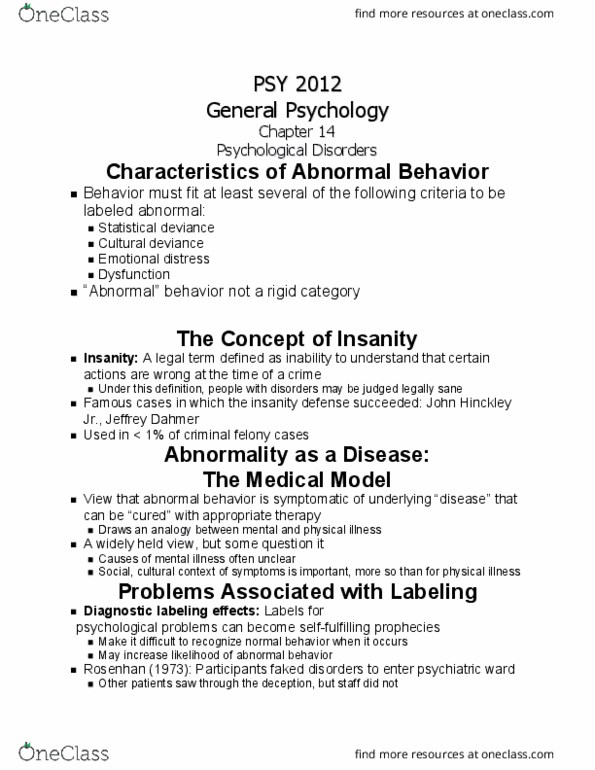 PSY-2012 Chapter Notes - Chapter ch 14: John Hinckley Jr., Jeffrey Dahmer, Paranoid Personality Disorder thumbnail