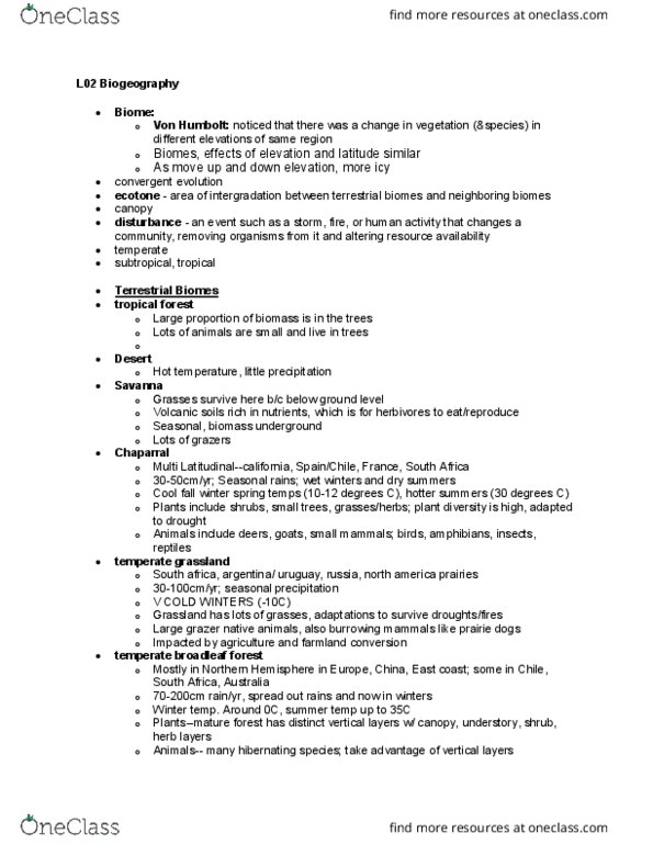 BIOLOGY 1B Lecture Notes - Lecture 2: Temperate Broadleaf And Mixed Forest, Northern Hemisphere, Biome thumbnail