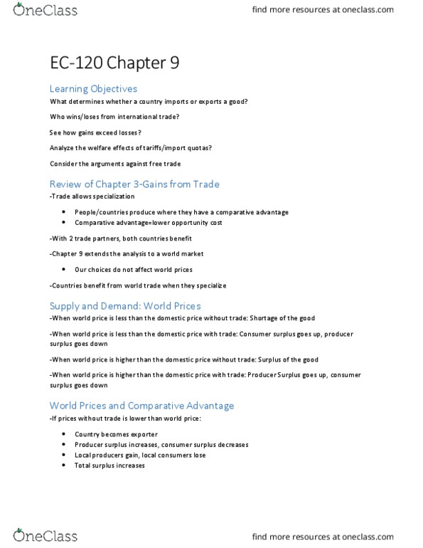 EC120 Chapter Notes - Chapter 9: Economic Surplus, Comparative Advantage, Opportunity Cost thumbnail