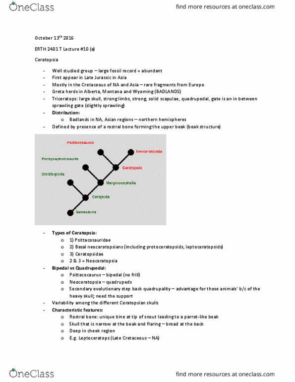 ERTH 2401 Lecture Notes - Lecture 10: Ceratopsia, Ceratopsidae, Leptoceratopsidae thumbnail