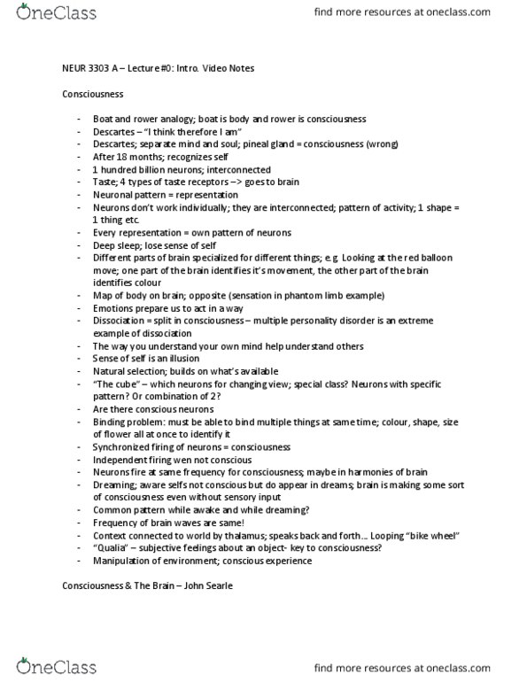 NEUR 3303 Lecture Notes - Lecture 1: Antonio Damasio, Dissociative Identity Disorder, John Searle thumbnail