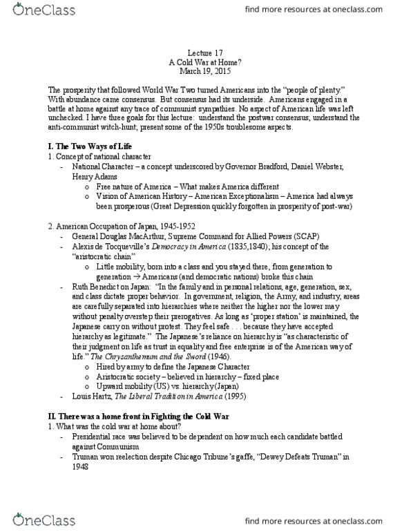 HIUS 2002 Lecture Notes - Lecture 17: Elia Kazan, Dewey Defeats Truman, House Un-American Activities Committee thumbnail