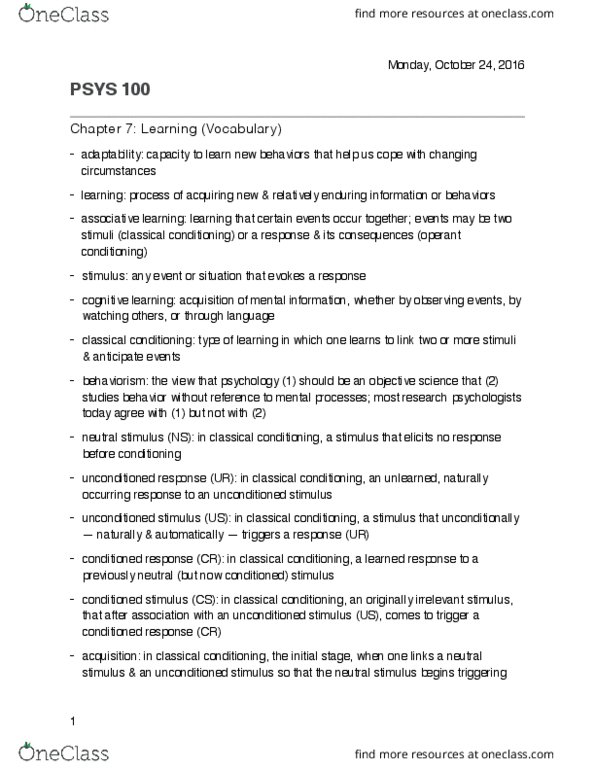 PSYS 100 Chapter Notes - Chapter 7: Operant Conditioning Chamber, Classical Conditioning, Operant Conditioning thumbnail
