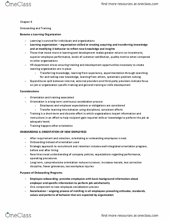 BU354 Chapter Notes - Chapter 8: Task Analysis, Customer Service Training, Learning Organization thumbnail