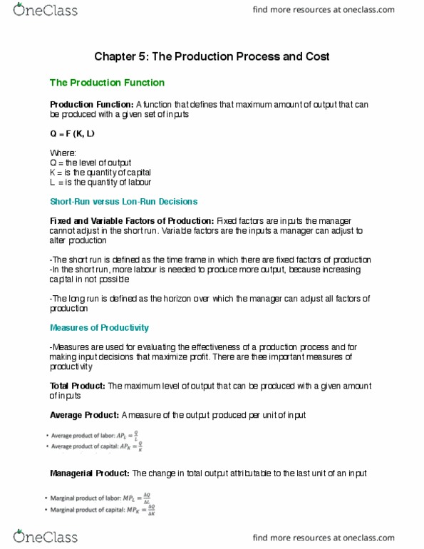 GMS 402 Chapter Notes - Chapter 5: Production Function, Isoquant, Marginal Product thumbnail