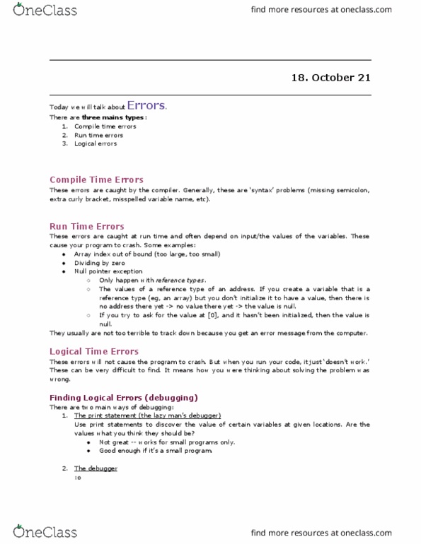 COMP 202 Lecture Notes - Lecture 18: Null Pointer, Bracket, Compile Time thumbnail