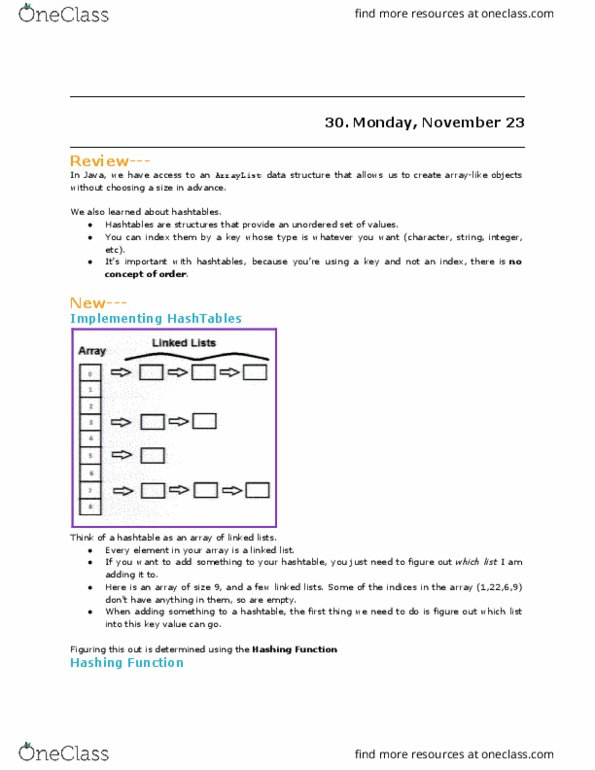 COMP 202 Lecture Notes - Lecture 30: Hash Function, Hash Table, Linked List thumbnail