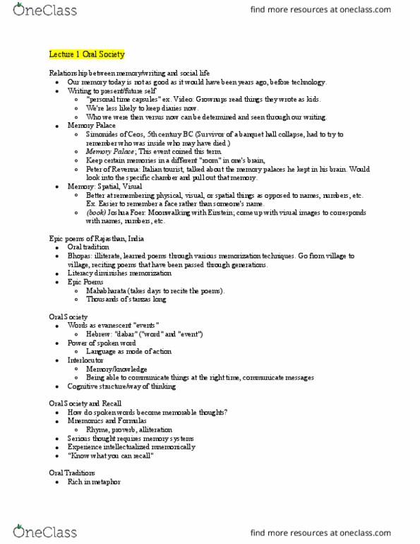 Media, Information and Technoculture 2000F/G Lecture Notes - Lecture 1: Joshua Foer, Proverb, Orality thumbnail