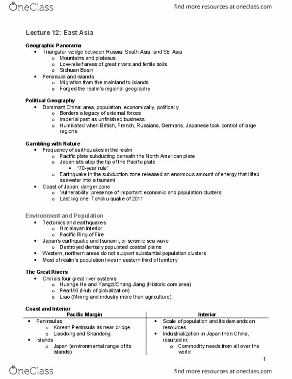 GEOG 213 Lecture Notes - Lecture 12: East China Sea, Sichuan Basin, Pacific Plate thumbnail