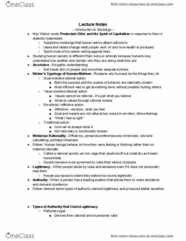 SOC 1010 Lecture Notes - Lecture 13: Tradition, Verstehen, Rationality thumbnail