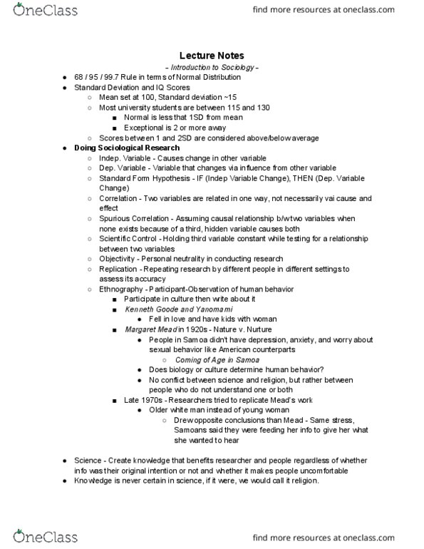 SOC 1010 Lecture Notes - Lecture 6: Standard Deviation, Margaret Mead thumbnail