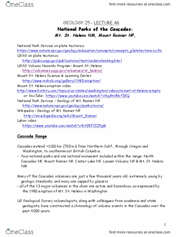 GEL 25 Lecture Notes - Lecture 4: Mount Rainier National Park, Mount St. Helens, Juan De Fuca Plate thumbnail