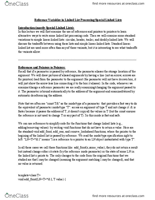 I&C SCI 46 Lecture Notes - Lecture 5: Linked List, Instance Variable thumbnail