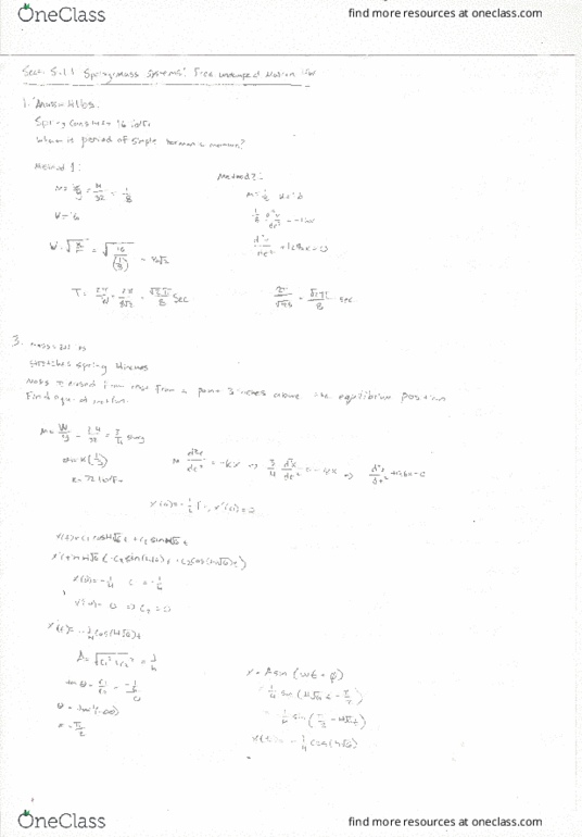 MATH 2306 Chapter 5.1.1: Sect. 5.1.1 Spring-Mass Systems - Free Undamped Motion HW Worked Out thumbnail