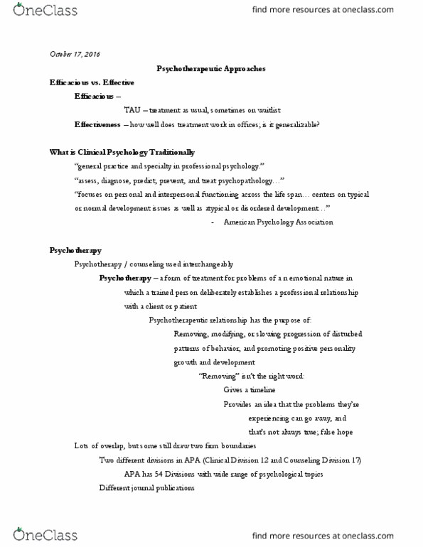 PSY 210 Lecture Notes - Lecture 20: American Psychological Association, Positive Psychotherapy, Behaviorism thumbnail