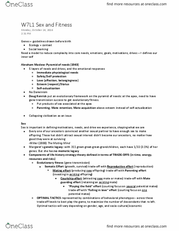 BIOL 350 Lecture Notes - Lecture 18: Abraham Maslow, Psychopathy, Courtship Display thumbnail