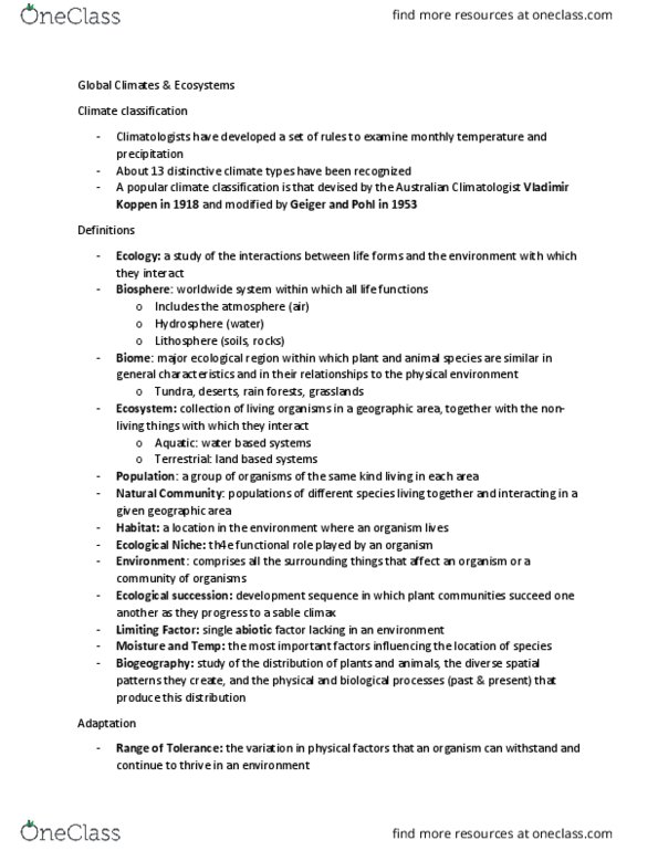 GEOG 110 Lecture Notes - Lecture 4: Climate Classification, Plants And Animals, Abiotic Component thumbnail