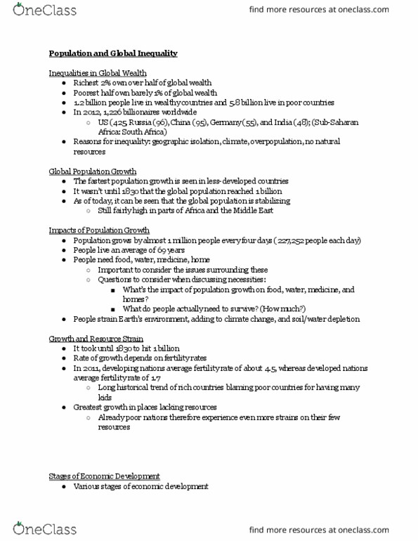 SOC 105 Lecture Notes - Lecture 18: Sub-Saharan Africa, Demographic Transition, Developing Country thumbnail