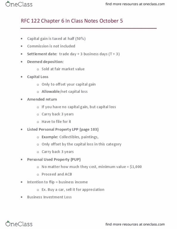 Business Administration - Financial Planning RFC122 Lecture Notes - Lecture 5: Tax Deduction, Small Business, Crystallization thumbnail