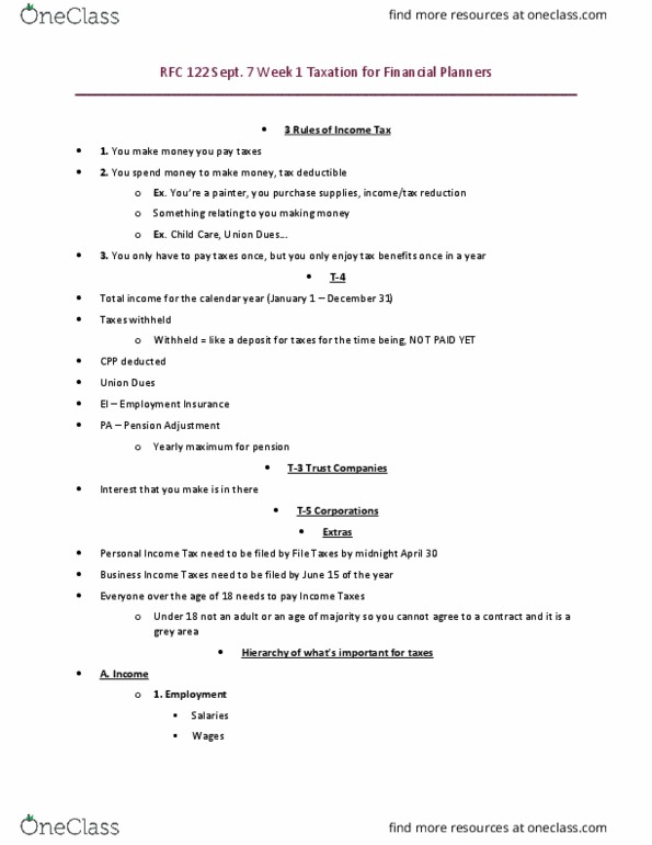 Business Administration - Financial Planning RFC122 Lecture Notes - Lecture 1: Unemployment Benefits, Making Money thumbnail