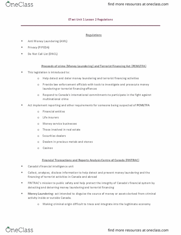 Financial Services _Ã‡Ã´ Client Services RFC126 Chapter Notes - Chapter 1: National Do Not Call Registry, Terrorism Financing, Financial Institution thumbnail