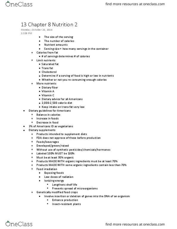 HSC 160 Lecture Notes - Lecture 16: Dietary Supplement, Dietary Fiber, Saturated Fat thumbnail