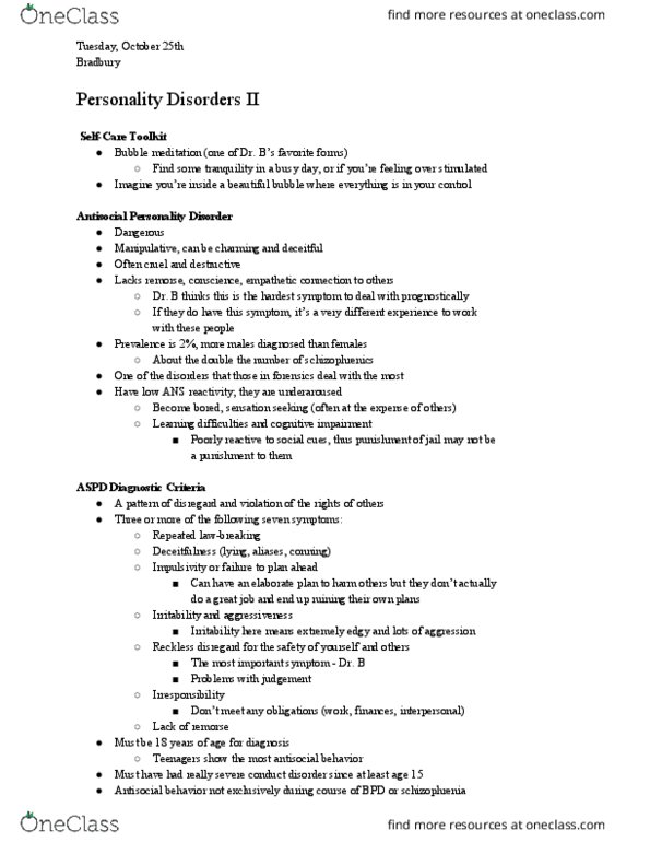 PSY 352 Lecture Notes - Lecture 18: Antisocial Personality Disorder, Prefrontal Cortex, Assortative Mating thumbnail