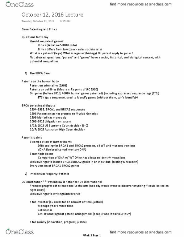 GE CLST M71A Lecture Notes - Lecture 6: Patent Infringement, Brca2, Brca1 thumbnail