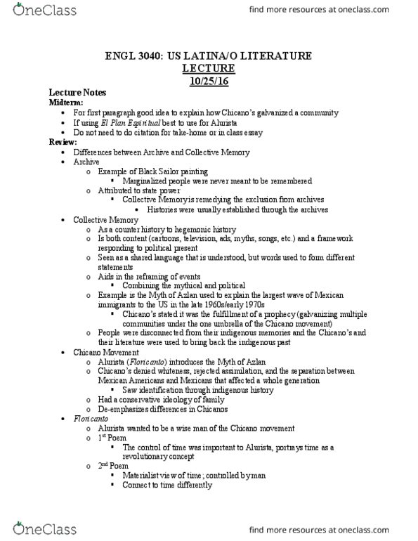 ENGL 3040 Lecture Notes - Lecture 12: Chicano Literature, Alurista, Chicano Movement thumbnail