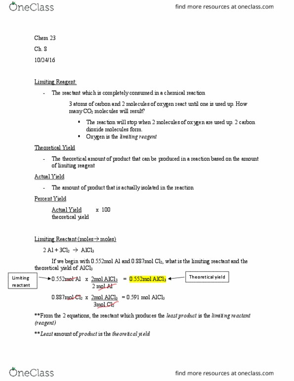 CHEM 023 Lecture Notes - Lecture 21: Aluminium Chloride, Limiting Reagent, Reagent thumbnail