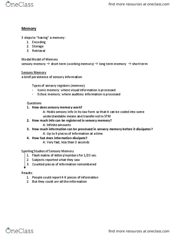 PSYCH 100 Lecture Notes - Lecture 11: Long-Term Memory, Echoic Memory, Sensory Memory thumbnail